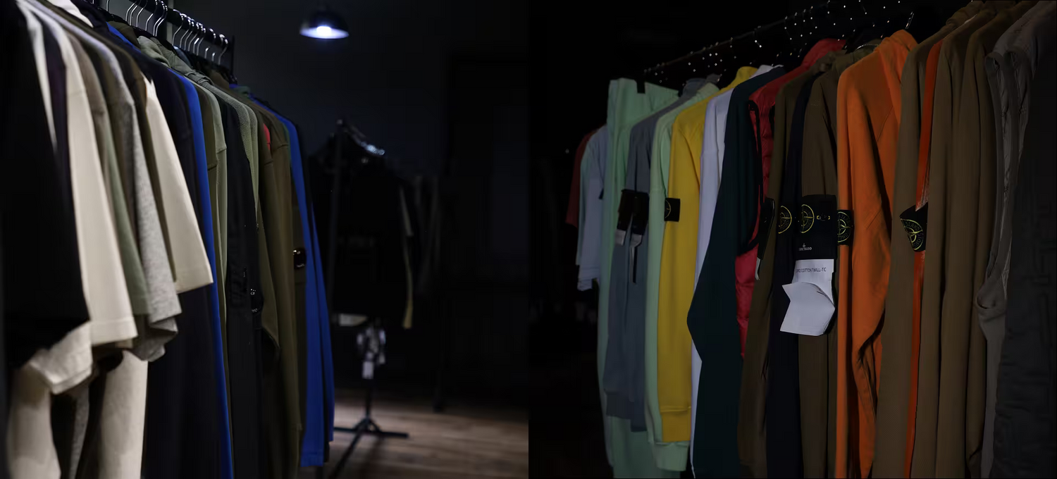 Clothing rack with colorful apparel in modern fashion store